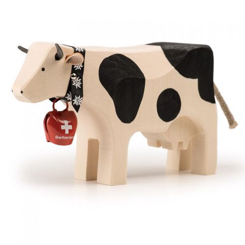 Carved Wooden Cow - Large black Holstein with red Bell